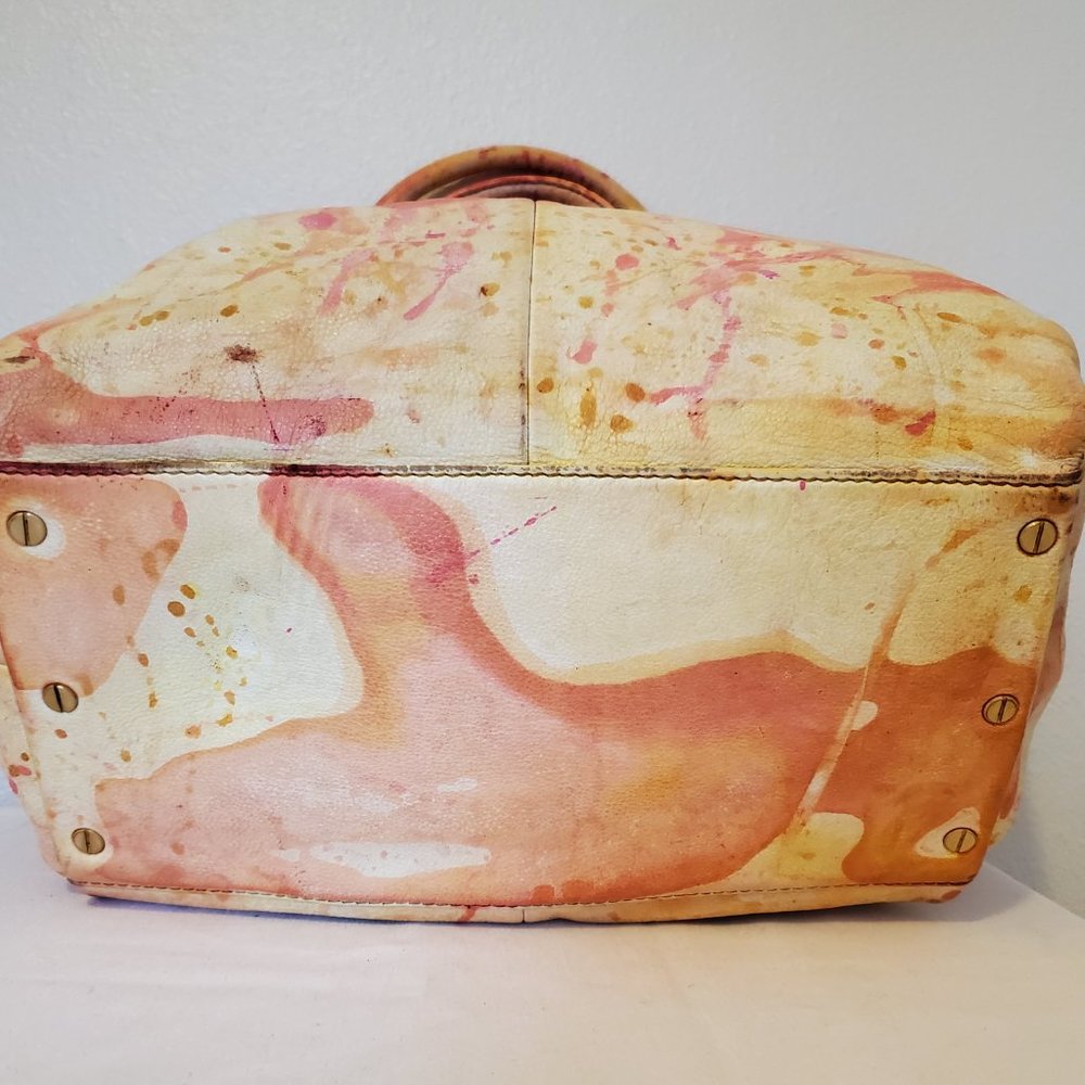 Barneys New York Leather Purse Handbag Orange pink ivory white tie dye tote bag - Picture 3 of 7